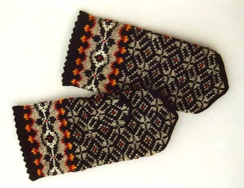 High quality hand knitted warm wool mittens , gloves Grey and Black diamond pattern decorated with orange flames