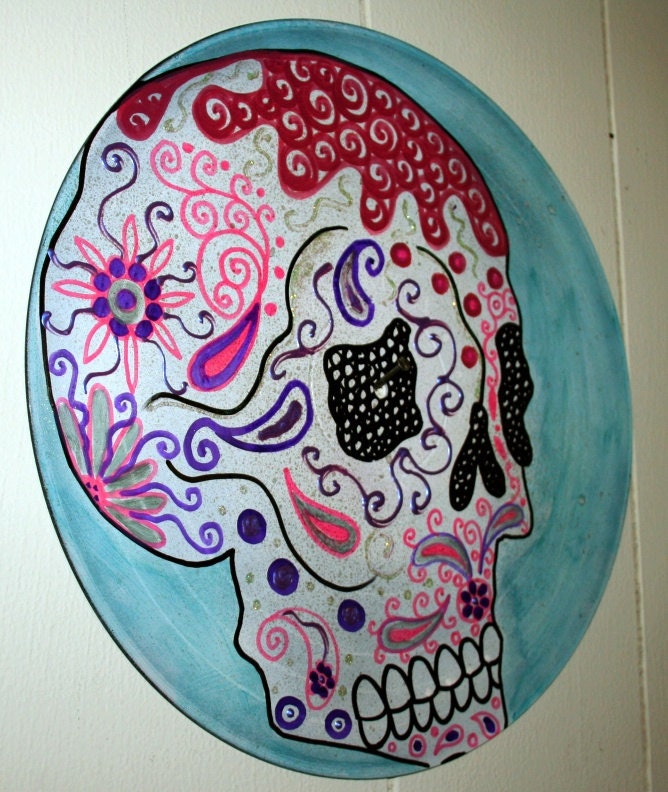 Side View Sugar Skull Painting on Vinyl Record by FunkyArtGuy