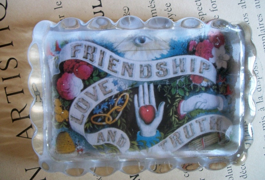 Antique Glass Paperweight with Currier and Ives Reproduction Print