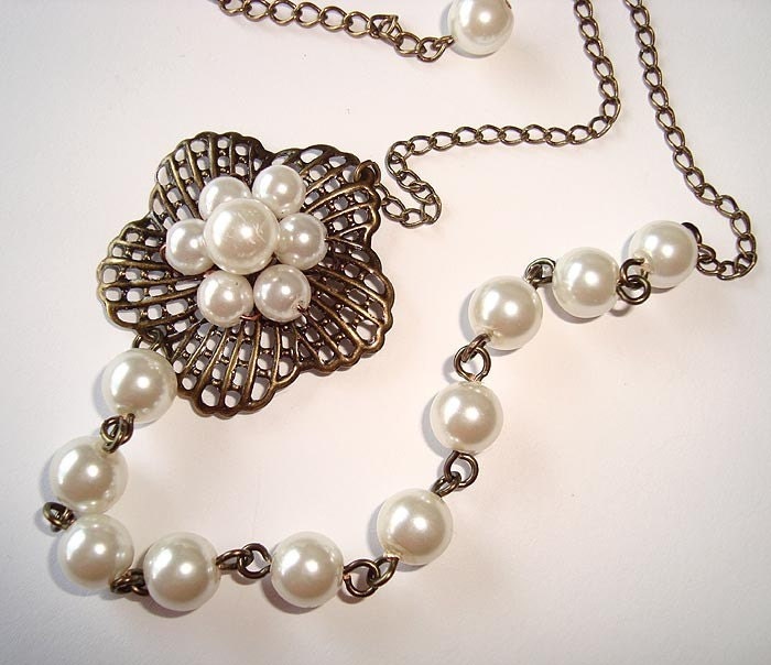 White Pearls Flower Necklace Bronze Asymmetrical Necklace