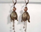 Tulip Earrings Antique Bronze Tulip Flower, Crystal and Pearls Dangle Earrings