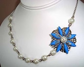 Peacock Blue Filigree Necklace Flower Necklace and Pearl Beads Necklace