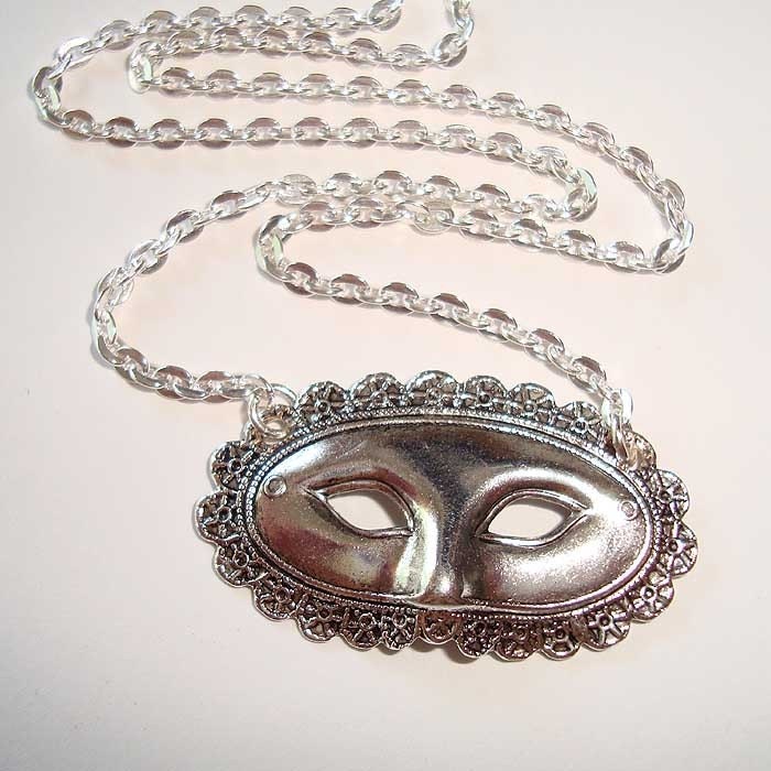 Antique Silver Opera Mask Necklace