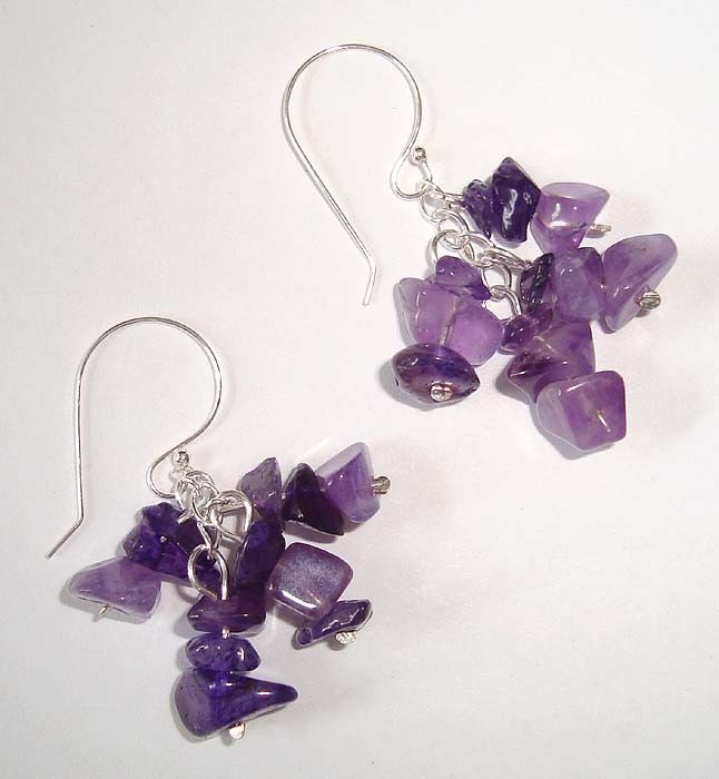 Amethyst Chips Silver Dangle Cluster Earrings