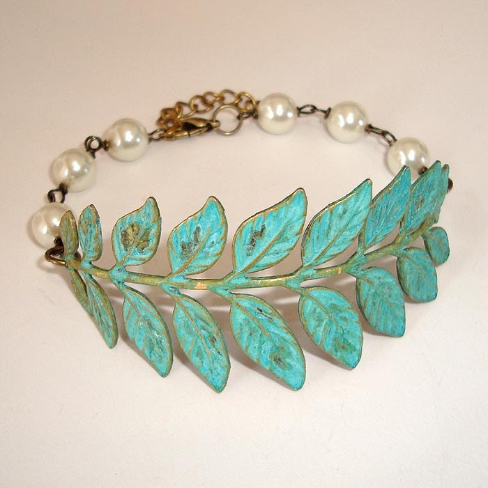 Branch Bracelet Branch and Leaves Vintage Patina Style Bracelet with Ivory Pearls
