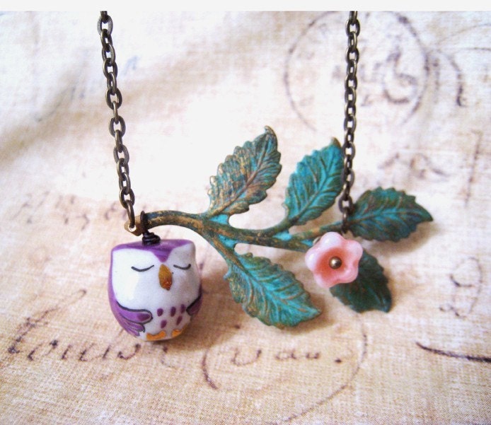 Verdigris Patina Leaf Branches with Sleepy Porcelain Owl Necklace