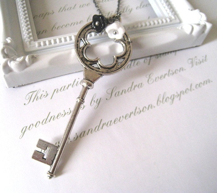 Long Antique Silver Key Necklace
