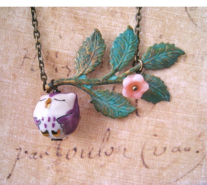 Verdigris Patina Leaf Branches with Sleepy Porcelain Owl Necklace