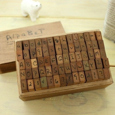 BIG SALE - Wooden Rubber Stamp Box - Hand Writing Style - Capital Alphabet Stamp and Number Stamp - 70 Pcs