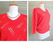 Red Sweater Vintage Eyelet Three Quarter Sleeve Medium