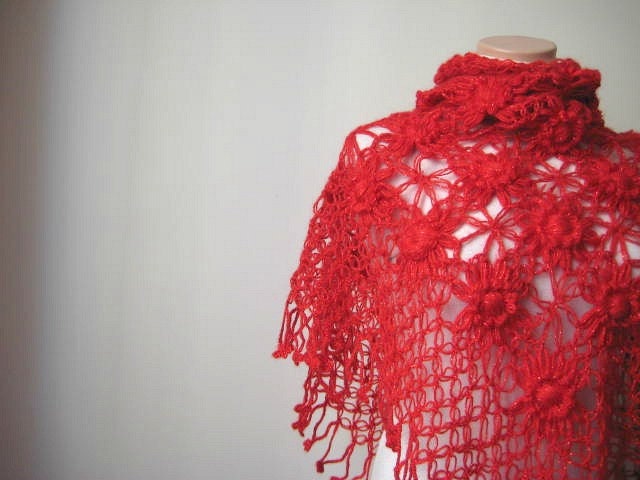 Red Fashion - Floral Red Shawl - Garnet Shiny Flowers, Daisies Triangle Scarf - Gift for Her - Ready to Ship