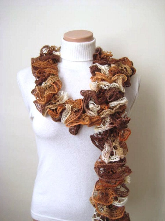 Scarf - Brown and Cream Frilly Scarflette, Neck Tissue, Rag, Neckwarmer, Foulard - Gift for Her - READY TO SHIP