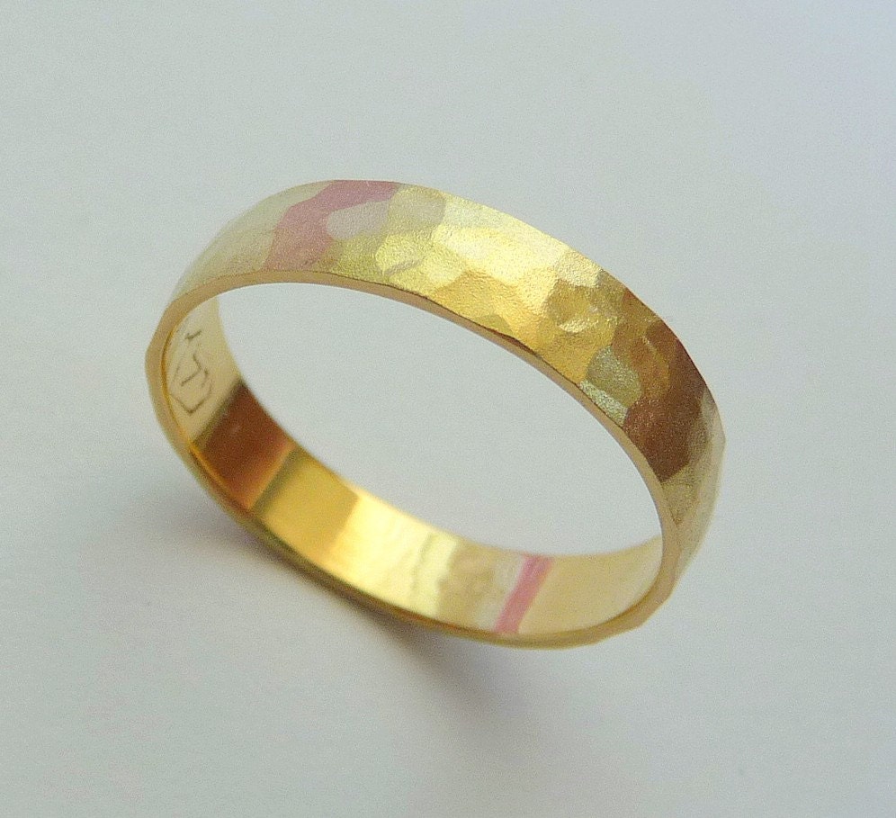 Gold wedding band men women ring 14k hammered 4mm sandblast finish nature
