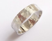 White gold wedding band wedding ring with an off centered line of cubes hammered men women