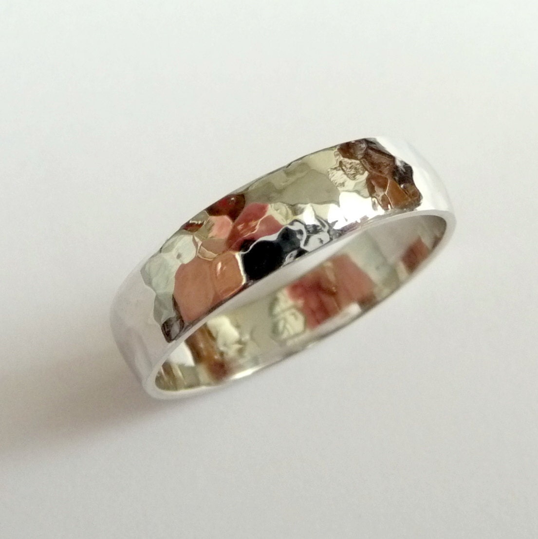 White gold wedding ring men wedding band women 5mm wide hammered polished