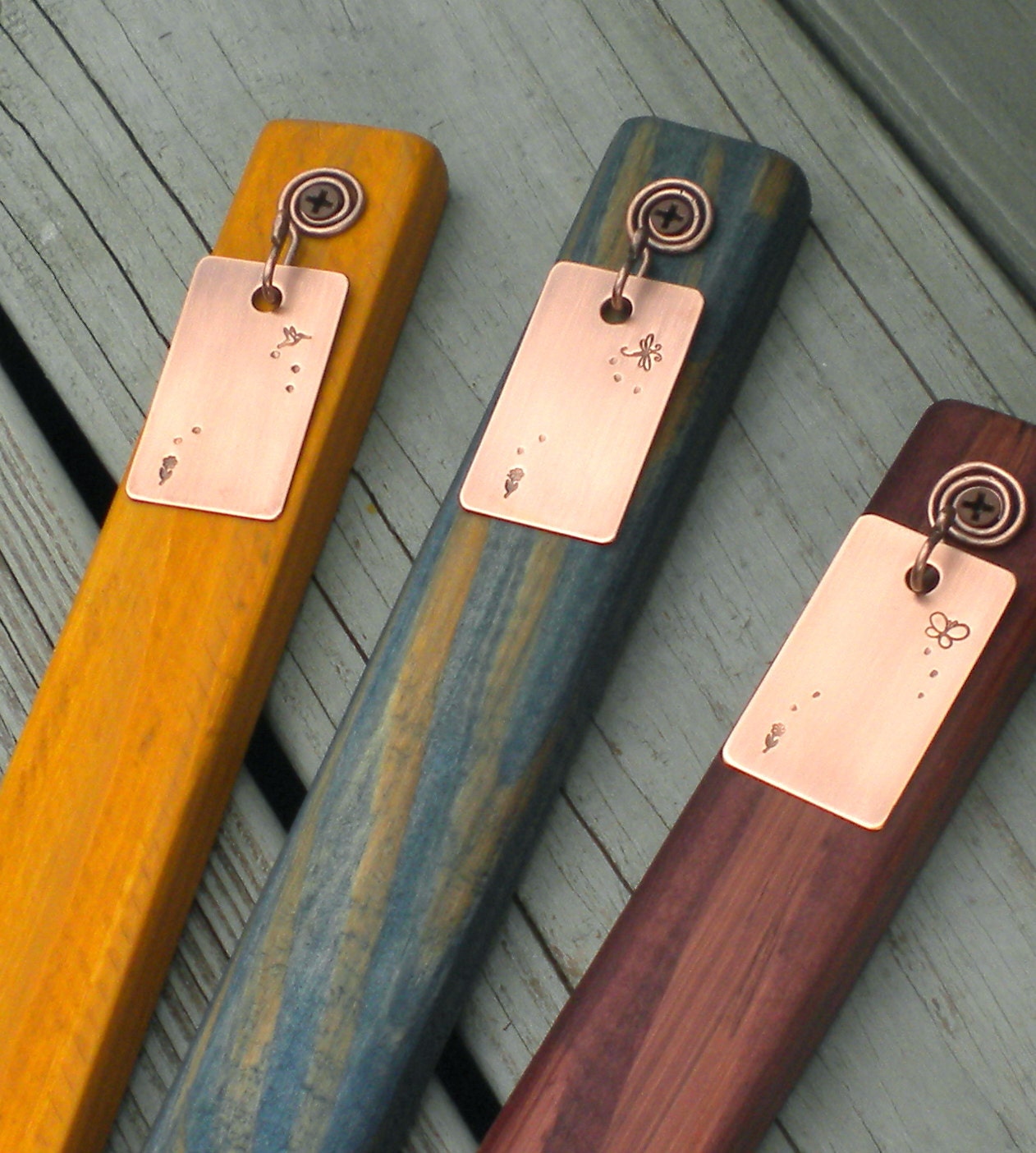 Copper Garden Markers - The Featherweights - Dragonfly, Butterfly, Hummingbird - Set of Three - CUSTOM Hand Stamped
