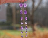 Amethyst Stones Hand Wrapped with Oxidized Sterling Silver, Long Earrings