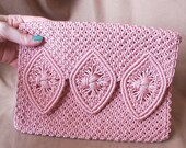 Vintage Cotton Candy PINK Clutch Purse, Crochet or Macrame, Pastel, Envelope Style.