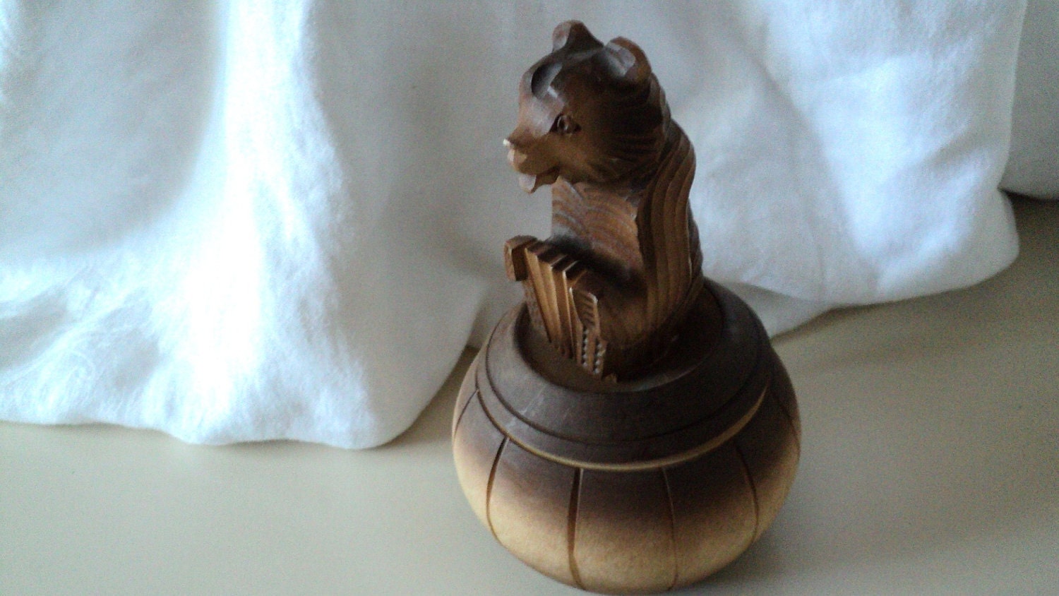Carved Wood Bear Playing Accordion Box Russia