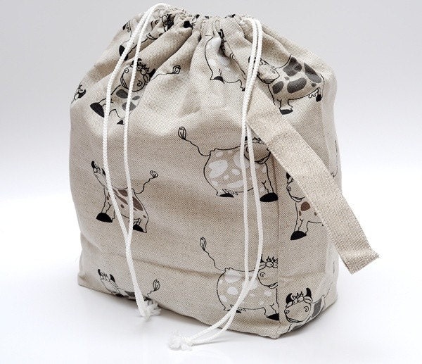 Drawstring bag. Large Knitting Project Bag. Happy Cow.... Special KnitterBag design.