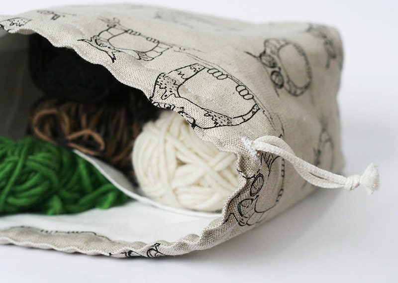 Drawstring Knitting Project Bag Large. Mystic OWL.