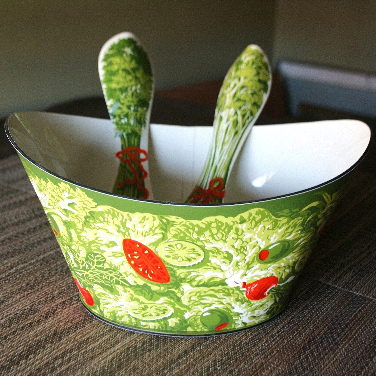 Retro Acrylic or Plastic Salad Bowl with Utensils by sariloaf