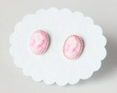 Cameo Post Earring, Teeny Tiny Pink Cameo, Silver Setting, Handmade