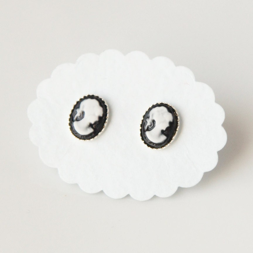 Cameo Post Earring, Teeny Tiny Black Cameo, Silver Setting, Handmade