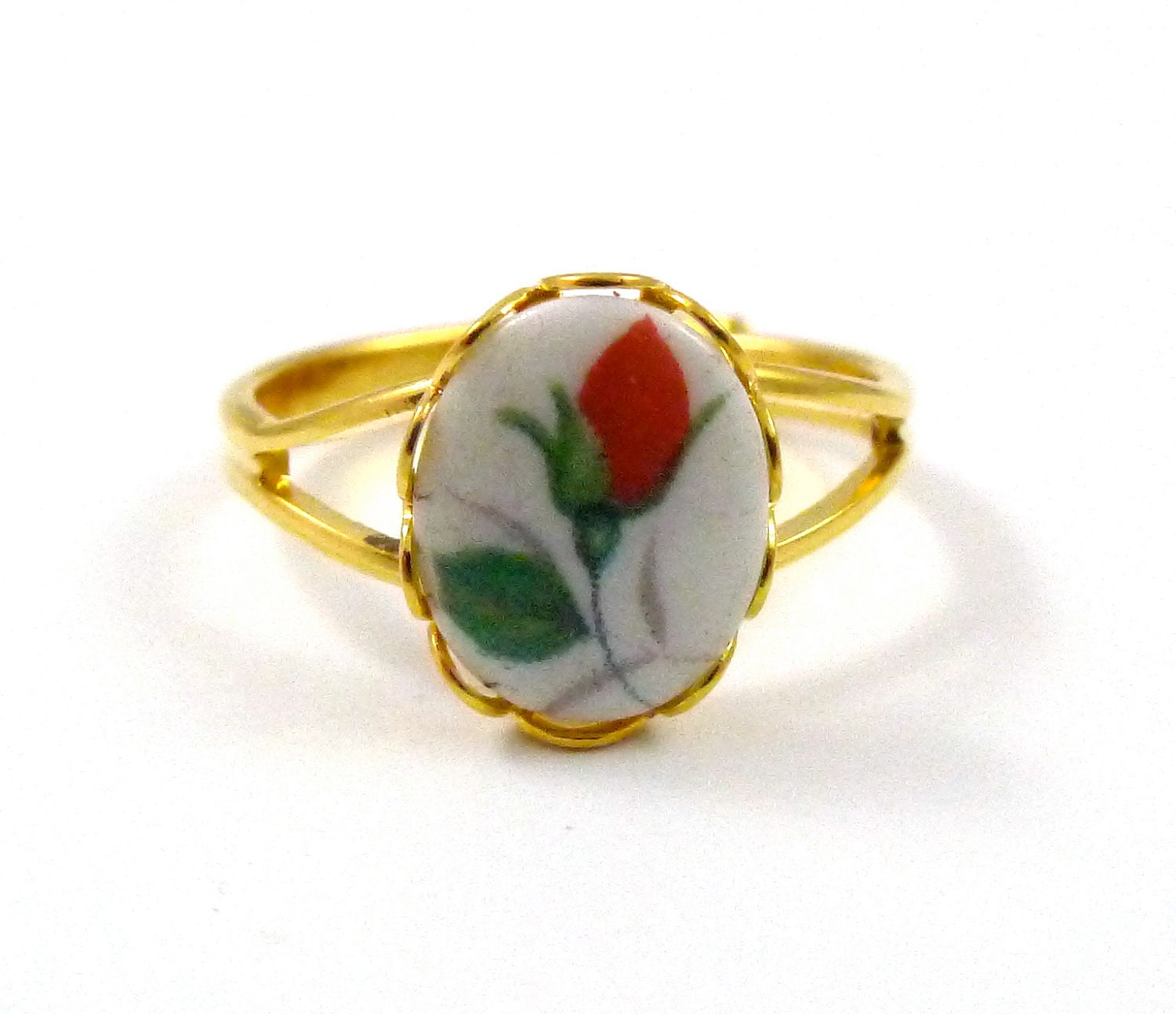 Vintage Red Rosebud Ring, Glass Flower Cabochon set in Adjustable Ring