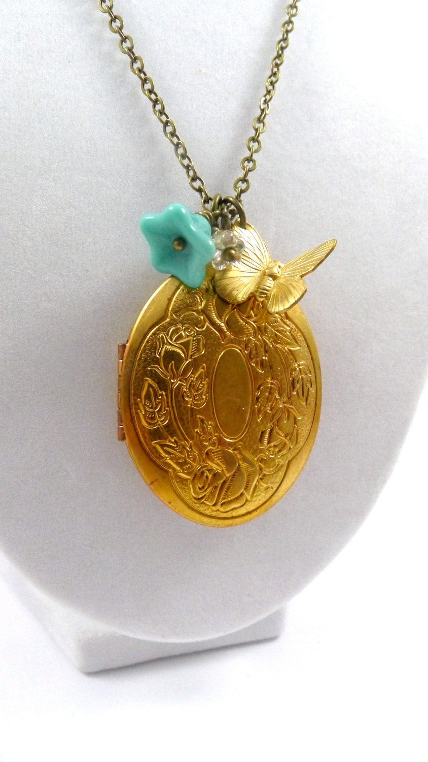 Vintage Rose Locket Necklace, Flower Garden, Butterfly and turquoise