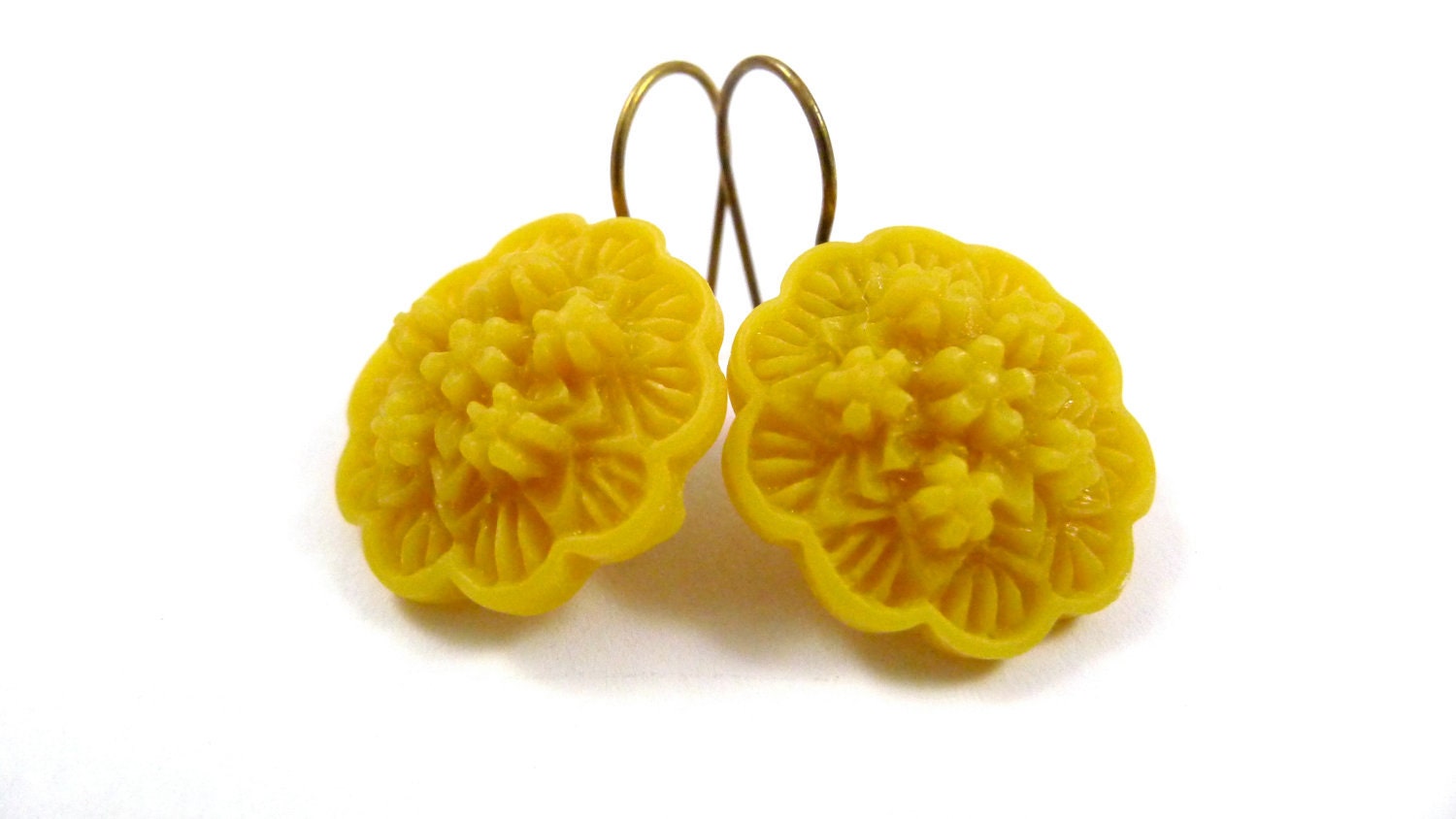 Floral Burst Earrings, Mustard Yellow, Antiqued Brass Ear Wires, Small Dangle