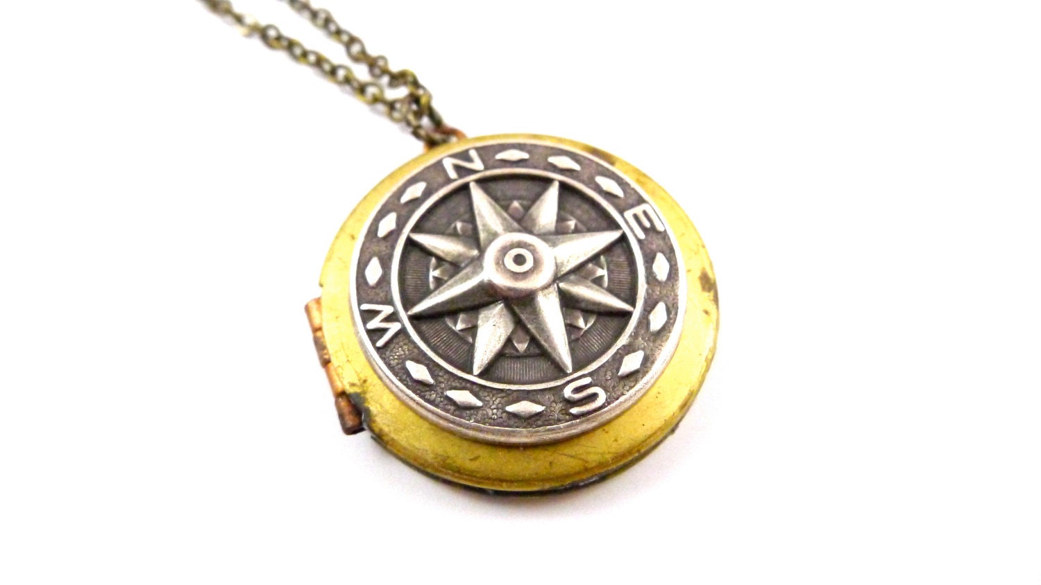 VIntage Compas Locket, Find Me, Brass and Silver, Spring Fashion, Mothers Day