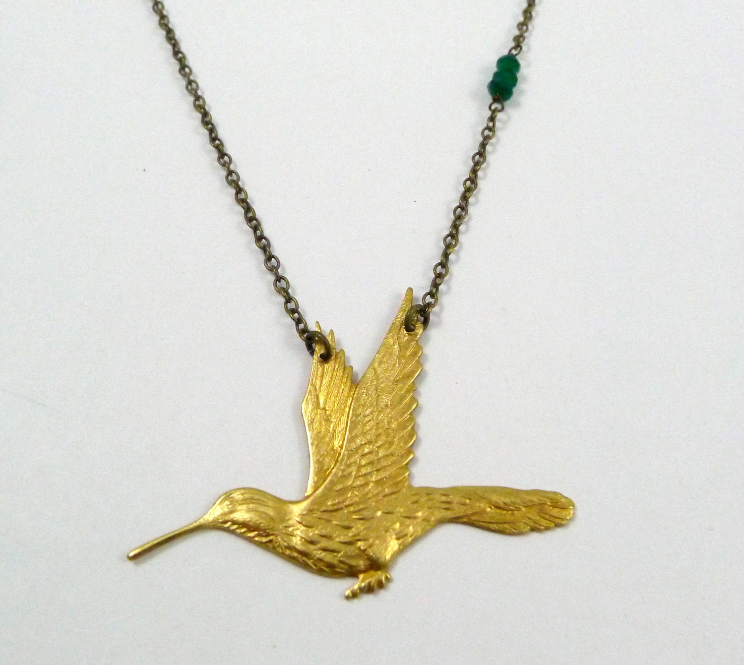 Golden Hummingbird Necklace, Wire wrapped dark green adventurine stone, Handmade