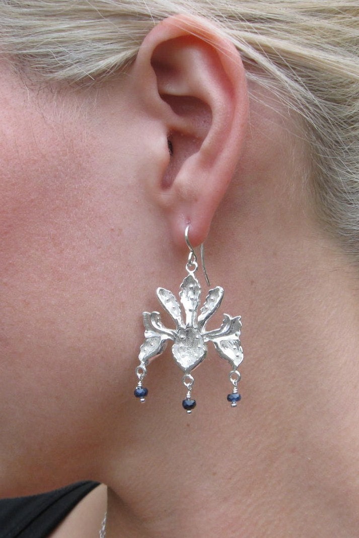 Western Blue Flag Silver Earrings with Blue Sapphires