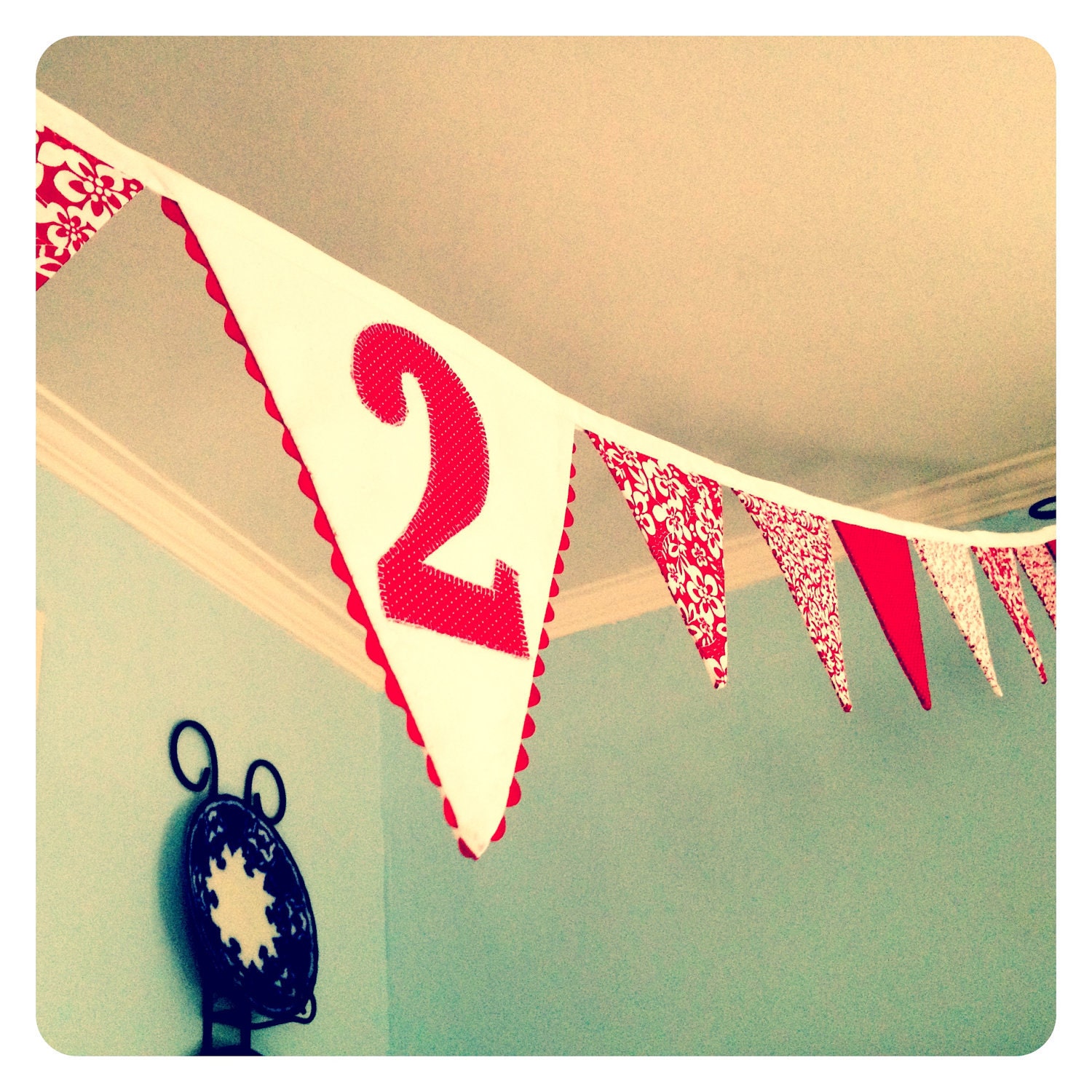 Personalized Fabric Flag Bunting with Applique Number/Letter (red and white) Banner Decoration