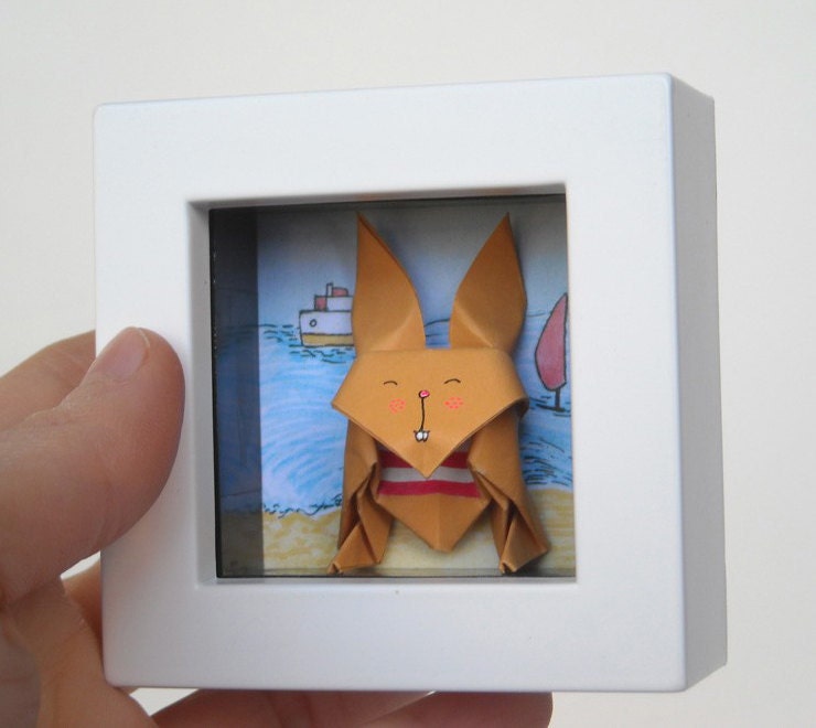 Origami Bunny  at the Beach - 3D Paper Rabbit in a Shadow Box - Framed Origami
