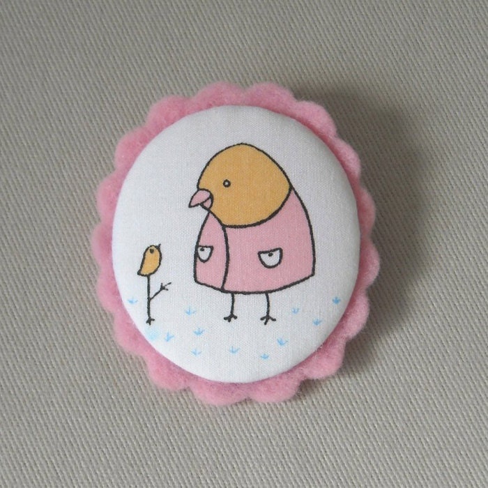 Birds Cameo Brooch - Fabric and Felt Cameo Brooch - Pink, White and Yellow