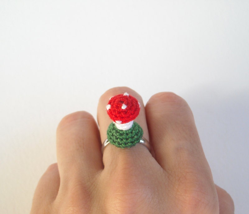 Crochet Mushroom Ring - Amigurumi Mini Toadstool Adjustable Ring - Tiny Crochet Ring