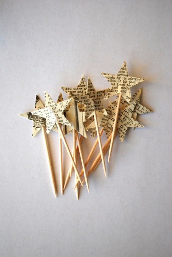 50 Star Cupcake Picks, made from vintage paper
