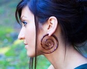 Fake Gauges - XL Double Spirals Brown Wood Earrings