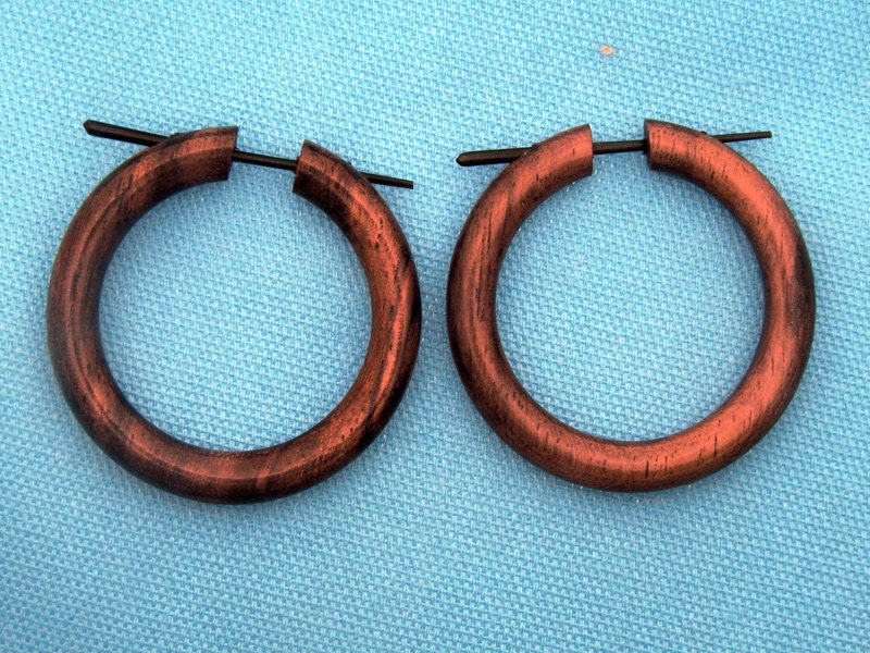 NEW - Wooden Post Earrings - Med Brown Hoops