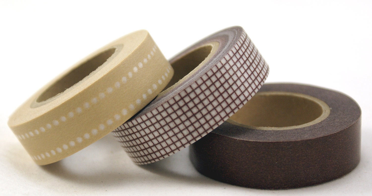 Brown STARTER COLLECTION Solid, Grid & Double Dot - Set of 3 Coordinating Washi Paper Masking Tapes-49.5 yards total