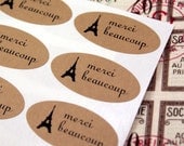 55 Eiffel Tower MERCI BEAUCOUP Kraft Brown OVAL Stickers for scrapbooking, gift wrapping, sealing envelopes, packaging