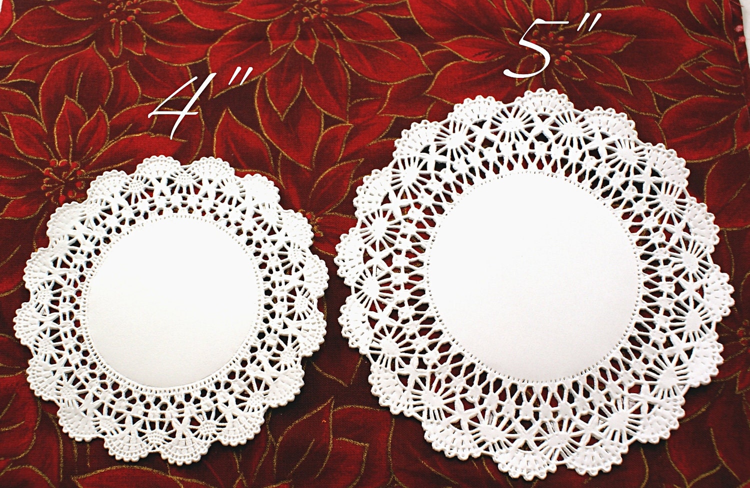 50 MEDIUM Fancy 5 inch round paper doilies edged with SEASHELL lace & solid center - for decorating, gift wrapping, food, scrapbooking