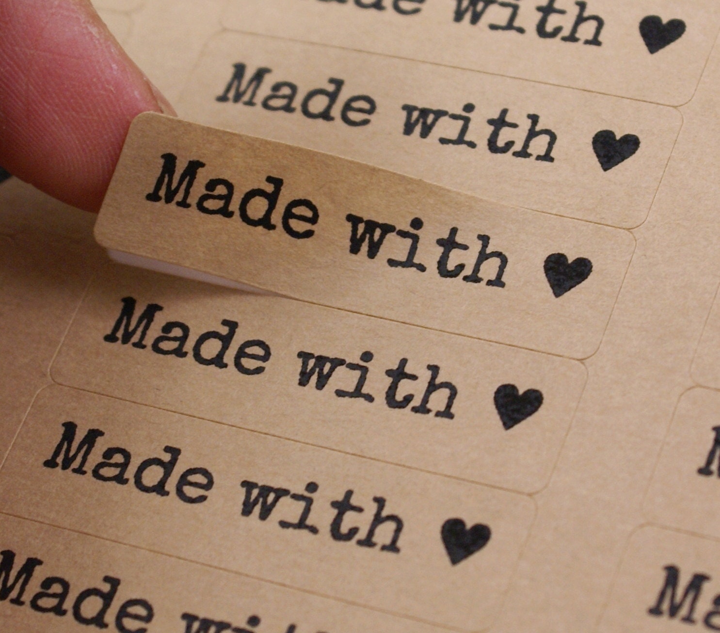 80 Typewriter Font MADE WITH LOVE Heart Rectangle Brown Kraft Sticker Labels Seals 1/2 x 1 3/4 inch - Free Shipping