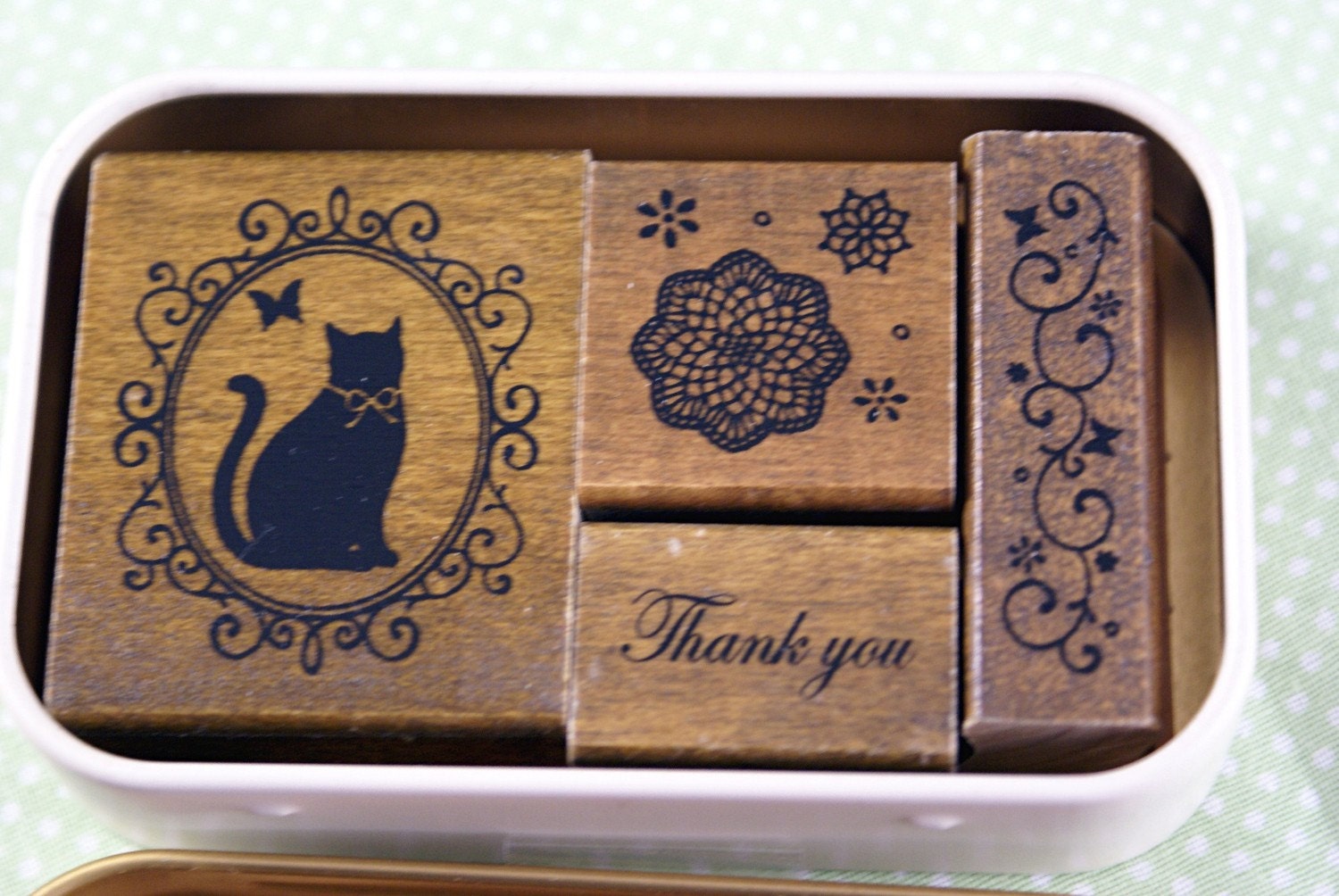 Fancy cat in Ornate Frame, Thank You, Star Doily, Swirls with butterflies - Gift Tin of 4 Japanese Wood Mounted Rubber Stamps