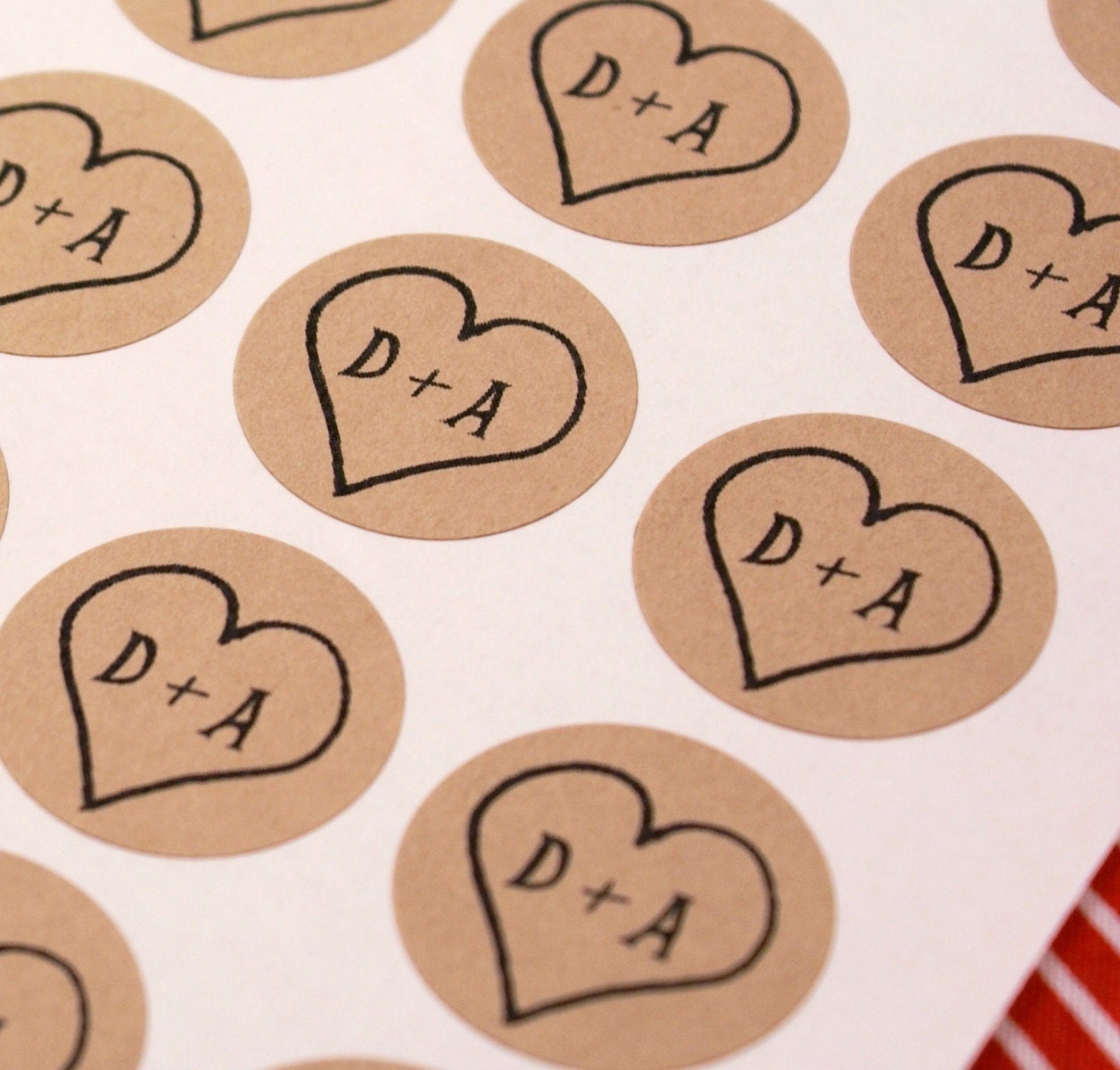 120 CUSTOM INITiALS or PhRASE Personalized Rustic HEART ONLY 1 inch round Kraft Circle Stickers for invitations, weddings - Free Shipping