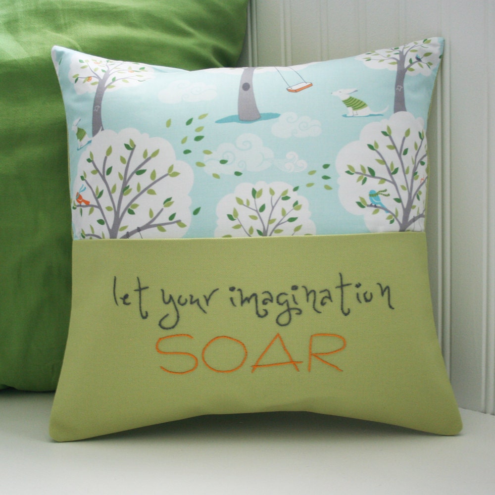 Hand-embroidered Reading Pillow with Book Pocket in Windy Day