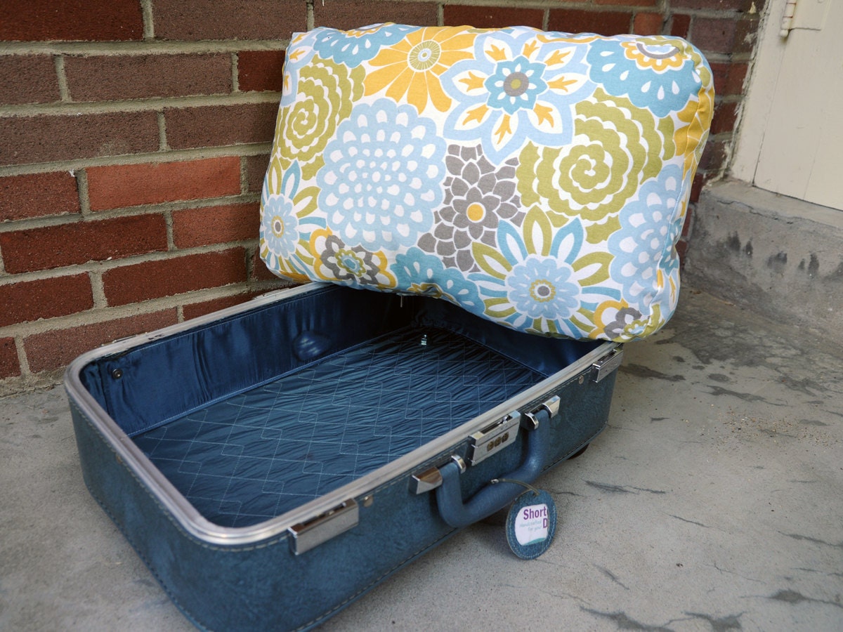 SALE - Vintage Suitcase Pet Bed - Light Blue with Green Yellow Retro Floral Print Custom Cushion - Cats and Small Dogs