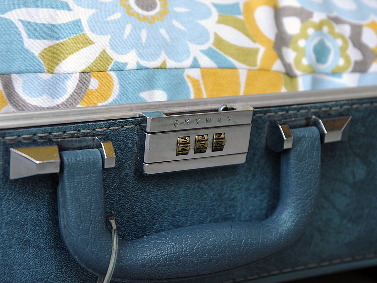 SALE - Vintage Suitcase Pet Bed - Light Blue with Green Yellow Retro Floral Print Custom Cushion - Cats and Small Dogs